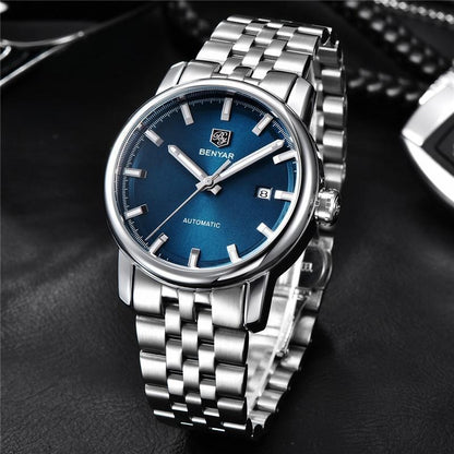 Men's stainless steel automatic wristwatch with blue dial and date window BENYAR on Tampa Home & Garden Store