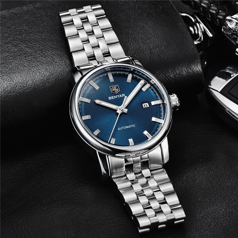 Benyar automatic men's wristwatch with blue dial and stainless steel bracelet date window on Tampa Home & Garden Store