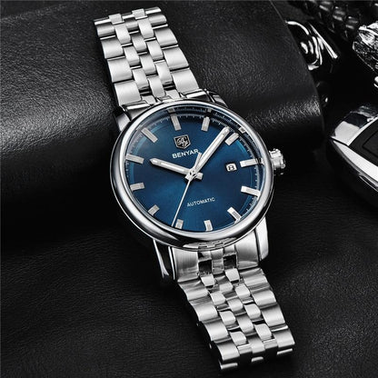 Benyar automatic men's wristwatch with blue dial and stainless steel bracelet date window on Tampa Home & Garden Store