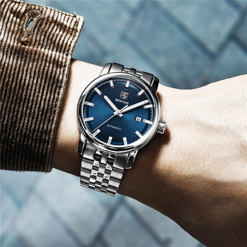 Benyar men's stainless steel automatic wristwatch with blue dial, date window, metal bracelet on Tampa Home & Garden Store