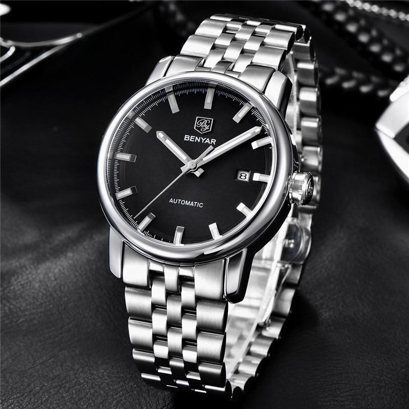 Stainless steel automatic men's wristwatch with black dial and date window BENYAR on Tampa Home & Garden Store