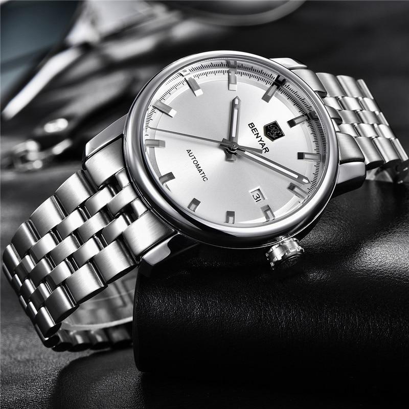 Stainless steel men's automatic wristwatch with silver dial and date window Benyar logo on Tampa Home & Garden Store