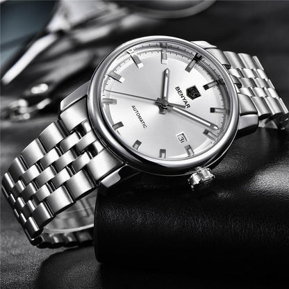 Stainless steel men's automatic wristwatch with silver dial and date window Benyar logo on Tampa Home & Garden Store