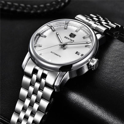 Stevvex stainless steel automatic wristwatch with silver dial and date window on a bracelet on Tampa Home & Garden Store