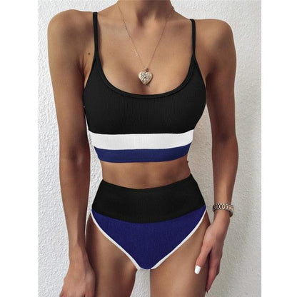 Stevvex 2-piece bikini set, black top with thin straps and white stripe, high-waist bottoms on Tampa Home & Garden Store