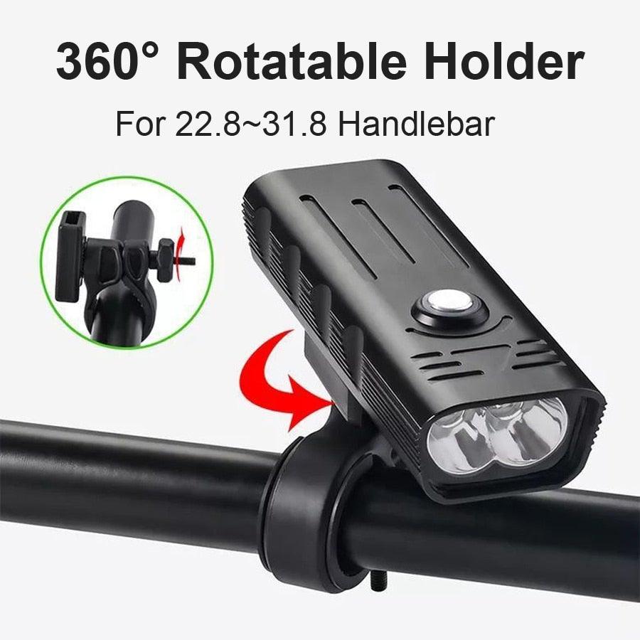 Stevvex black bike headlight with dual LEDs mounted on handlebars with 360° rotatable clamp on Tampa Home & Garden Store