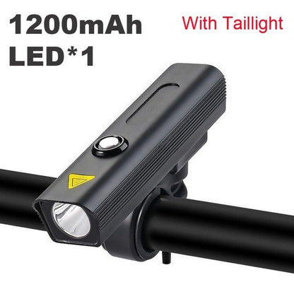 Stevvex black USB rechargeable bike headlight on handlebars with power knob on Tampa Home & Garden Store