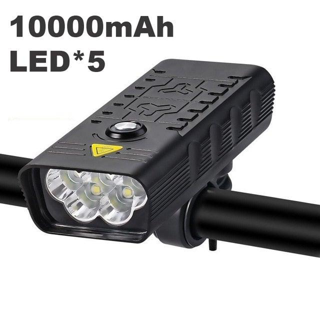 Stevvex black bike light USB rechargeable 10000mAh 5-LED front headlight with handlebar mount on Tampa Home & Garden Store