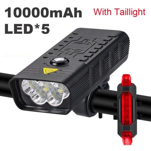 Stevvex bike light USB rechargeable 5-LED headlight 10000mAh with taillight on handlebar on Tampa Home & Garden Store