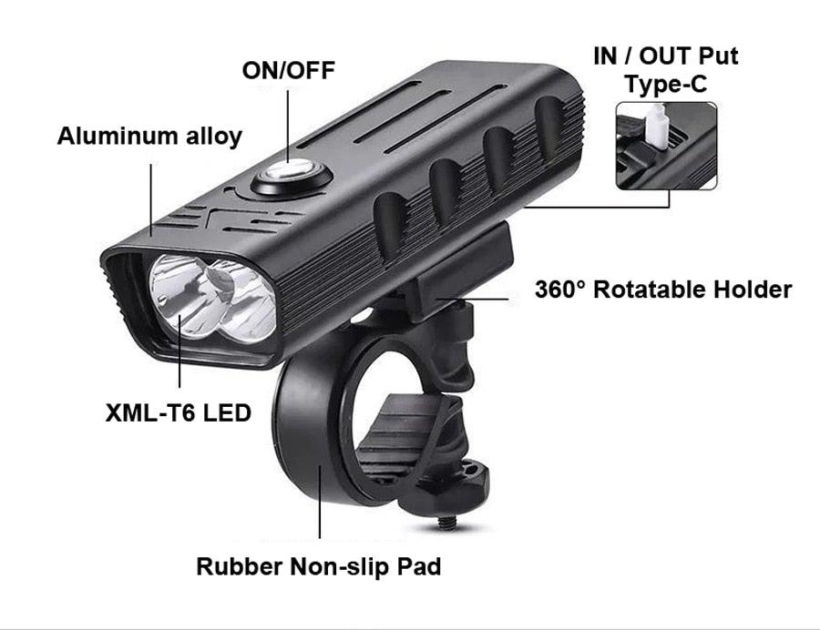 Bike light Stevvex black USB rechargeable 3000L LED headlight with 360° rotatable mount on Tampa Home & Garden Store