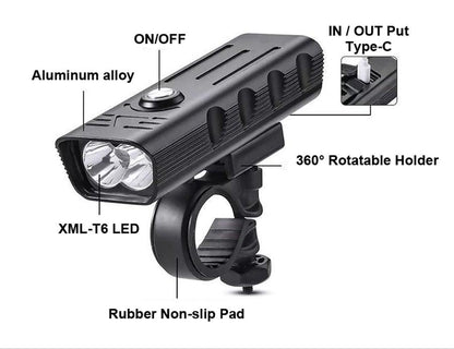 Bike light Stevvex black USB rechargeable 3000L LED headlight with 360° rotatable mount on Tampa Home & Garden Store