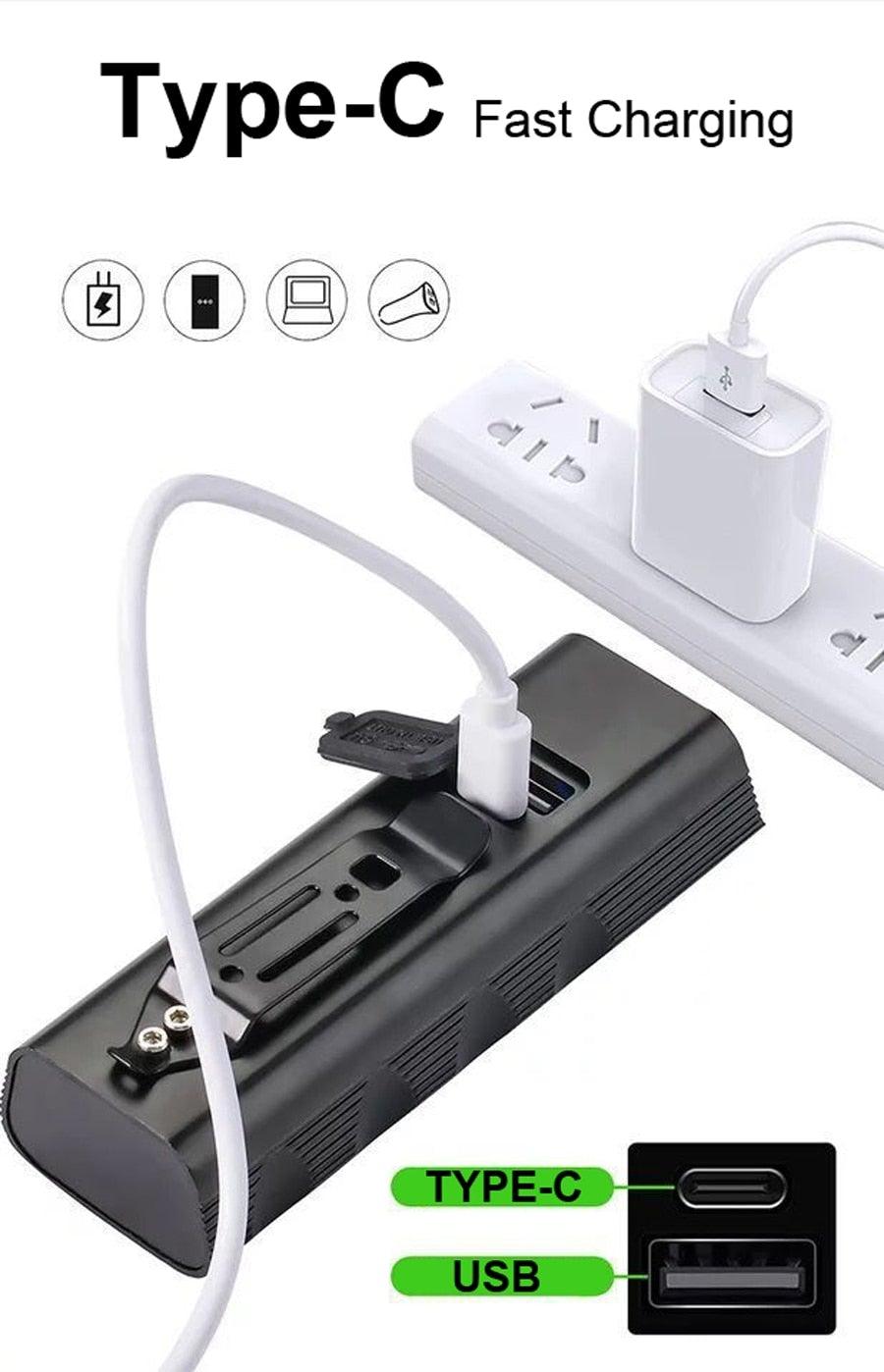 White Type-C fast charger with USB-C/USB-A ports connected to a black battery pack on Tampa Home & Garden Store