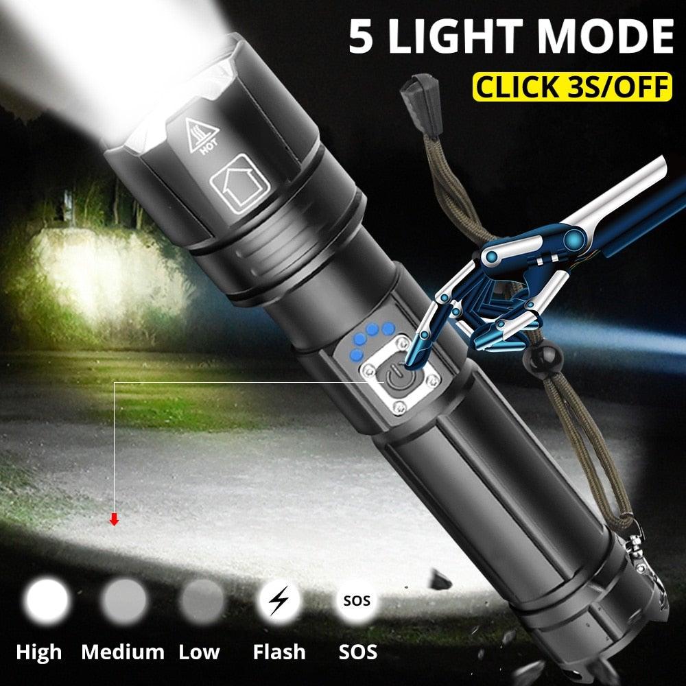 Stevvex black rechargeable LED flashlight handheld with adjustable zoom and 5 light modes on Tampa Home & Garden Store