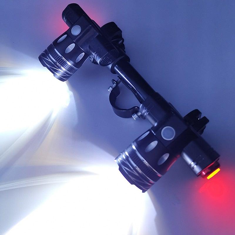 Stevvex LED bicycle headlight with dual front lamps, black aluminum body, USB rechargeable on Tampa Home & Garden Store