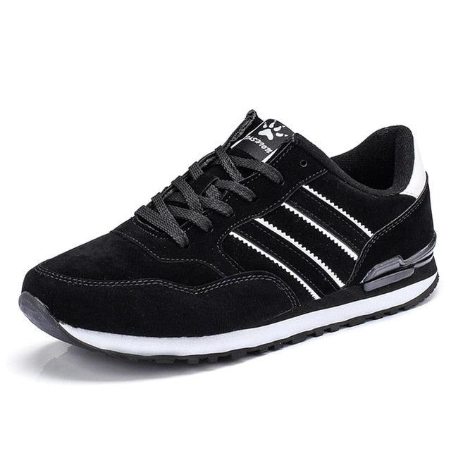 Stevvex men's black suede casual sneakers with white stripes, lace-up trainer on Tampa Home & Garden Store