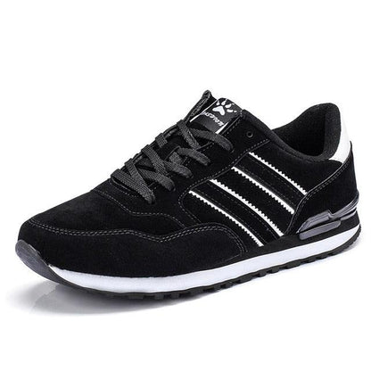 Stevvex men's black suede casual sneakers with white stripes, lace-up trainer on Tampa Home & Garden Store