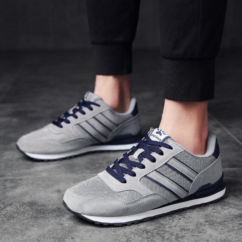 Stevvex men's sneakers grey mesh with suede overlays and navy laces pair on Tampa Home & Garden Store
