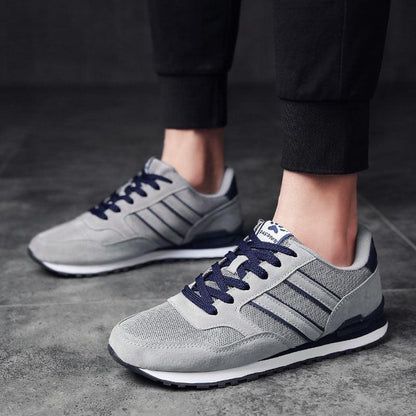 Stevvex men's sneakers grey mesh with suede overlays and navy laces pair on Tampa Home & Garden Store