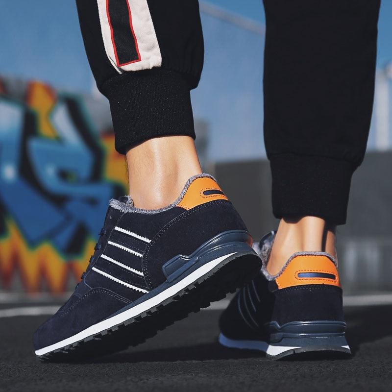 Stevvex blue casual sneakers with orange heel tab white stripes synthetic leather upper on Tampa Home & Garden Store