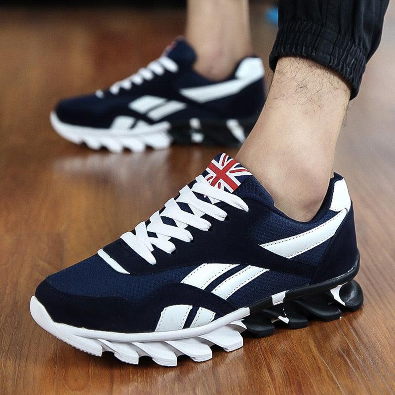 Stevvex navy running shoes two with white stripes and UK flag tongue, athletic sneakers on Tampa Home & Garden Store