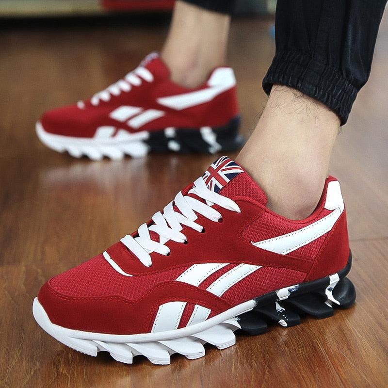 Stevvex red lightweight athletic sneakers with white stripes and Union Jack tongue on Tampa Home & Garden Store