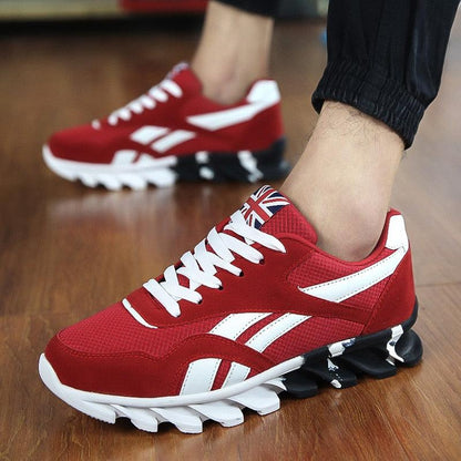 Stevvex red lightweight athletic sneakers with white stripes and Union Jack tongue on Tampa Home & Garden Store