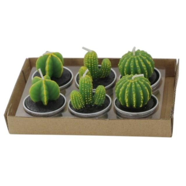 Stevvex mini succulent cactus tea light candles set, 6 green candles in metal cups on a tray on Tampa Home & Garden Store