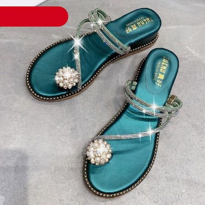 Stevvex rhinestone sandals pair with crystal toe flower, teal footbeds, beaded edge on Tampa Home & Garden Store