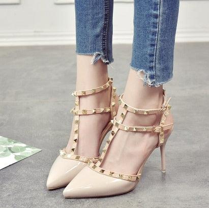 Stevvex nude patent pointed-toe sandals with multiple studded straps and adjustable ankle strap on Tampa Home & Garden Store