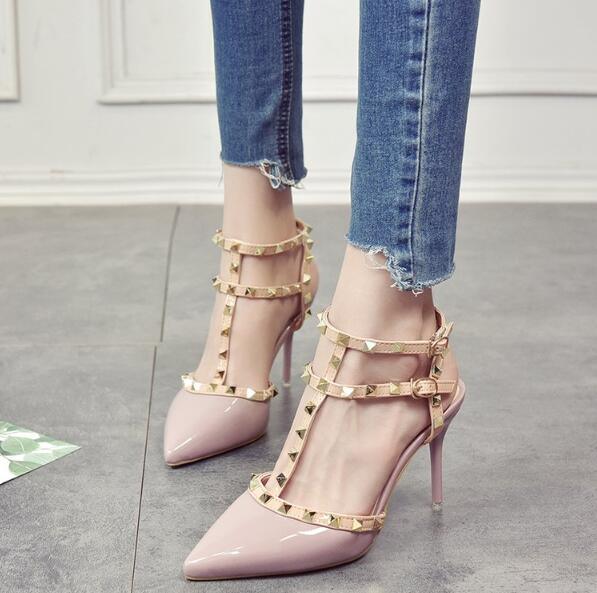 Stevvex blush pink pointed-toe strappy sandals with gold studs and adjustable ankle strap on Tampa Home & Garden Store
