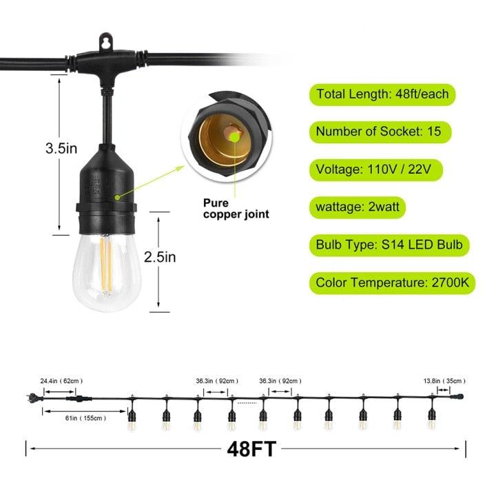 Stevvex IP65 LED string lights with 15 S14 bulbs, 48 ft length, 2700K outdoor decor on Tampa Home & Garden Store