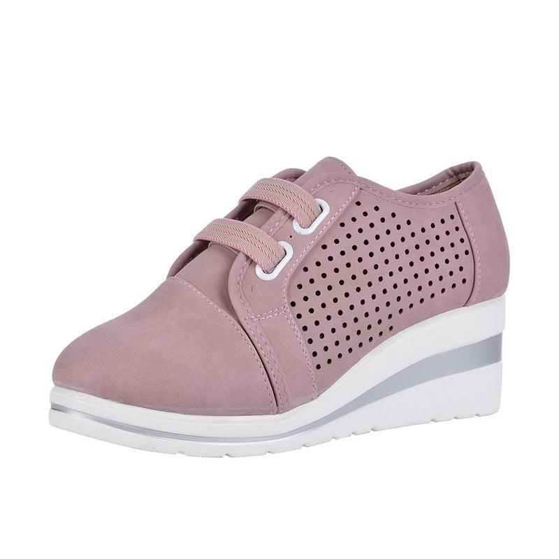Stevvex pink perforated wedge sneakers with lace straps and white sole on Tampa Home & Garden Store