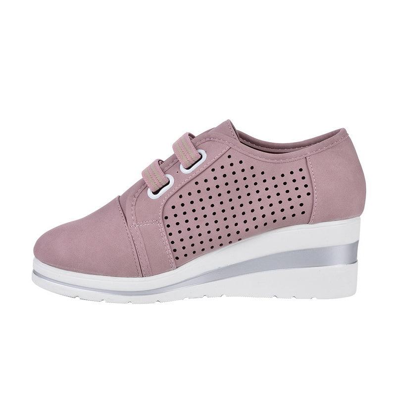 Stevvex pink perforated leather sneakers with two strap closure and white wedge sole on Tampa Home & Garden Store