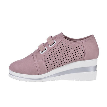Stevvex pink perforated leather sneakers with two strap closure and white wedge sole on Tampa Home & Garden Store