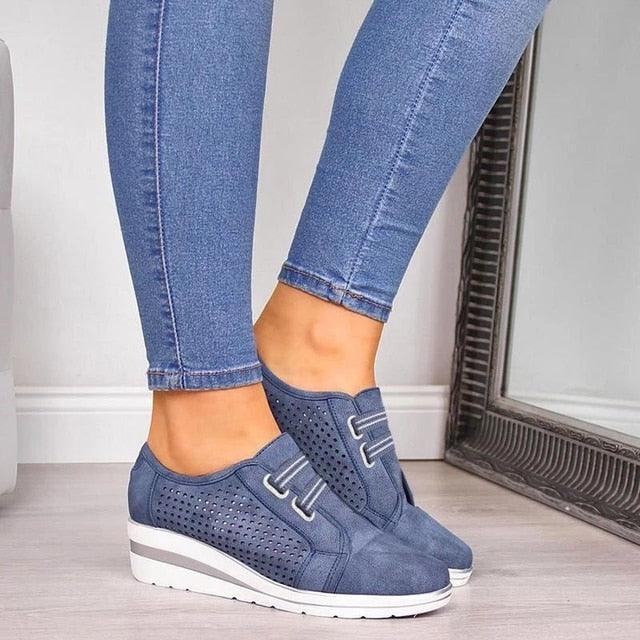 Stevvex blue breathable perforated women's sneakers with wedge sole and double strap closures on Tampa Home & Garden Store