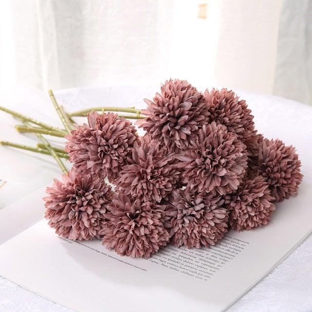 Silk flower bouquet Stevvex set of 10 mauve pom-pom blooms artificial ball chrysanthemums on Tampa Home & Garden Store