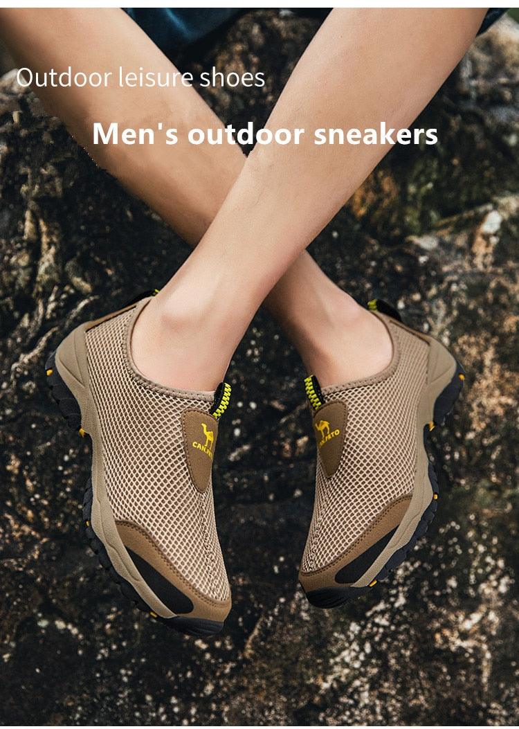 Stevvex men's outdoor mesh slip-on sneakers with tan breathable upper and rugged outsole on Tampa Home & Garden Store