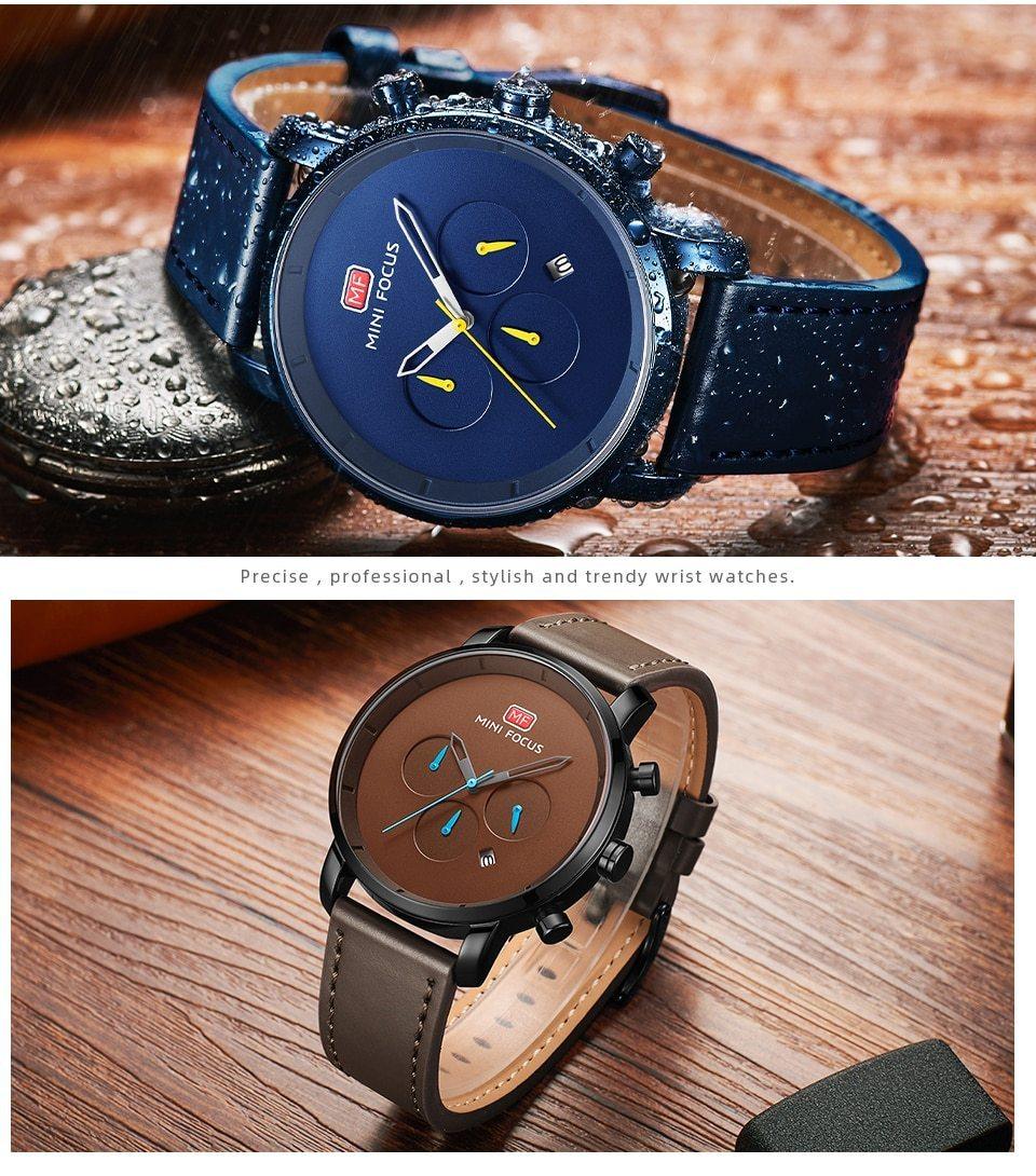 Two Stevvex multifunctional mens watches with blue dial and brown dial on leather straps on Tampa Home & Garden Store