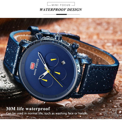 Stevvex blue multifunctional men's quartz watch with leather strap, round analog on Tampa Home & Garden Store