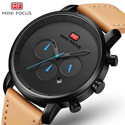 Mini Focus mens sport quartz watch with black dial, blue hands, leather strap on Tampa Home & Garden Store