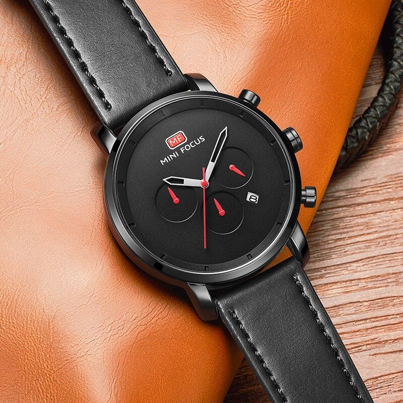 Fashion Multifunctional Mens Watch Sport Quartz, round black dial, leather strap MINI FOCUS on Tampa Home & Garden Store