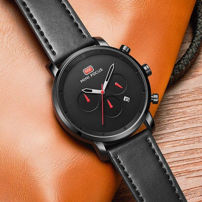 Fashion Multifunctional Mens Watch Sport Quartz, round black dial, leather strap MINI FOCUS on Tampa Home & Garden Store