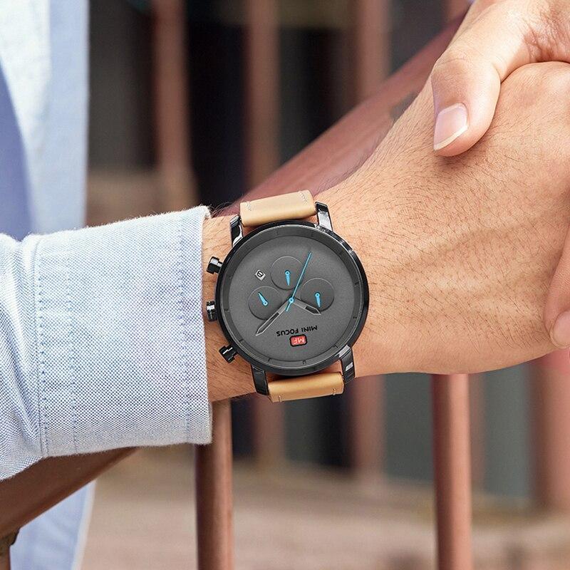 Stevvex men's multifunction quartz watch with black case tan leather strap blue subdials on Tampa Home & Garden Store
