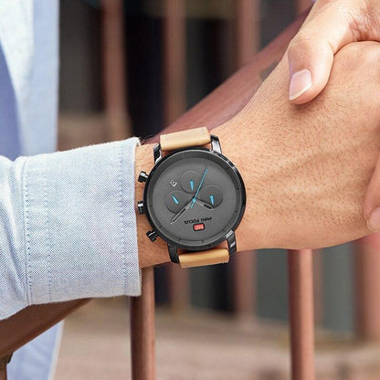 Stevvex men's multifunction quartz watch with black case tan leather strap blue subdials on Tampa Home & Garden Store