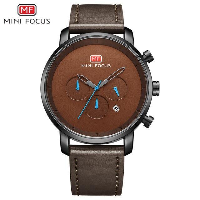Stevvex mens multifunctional watch with MINI FOCUS logo, brown dial, blue hands, leather strap on Tampa Home & Garden Store