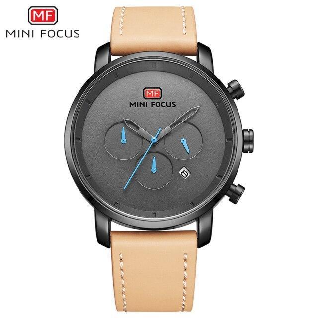 Mens sport multifunctional quartz watch with MINI FOCUS, grey dial, blue hands, tan leather strap on Tampa Home & Garden Store
