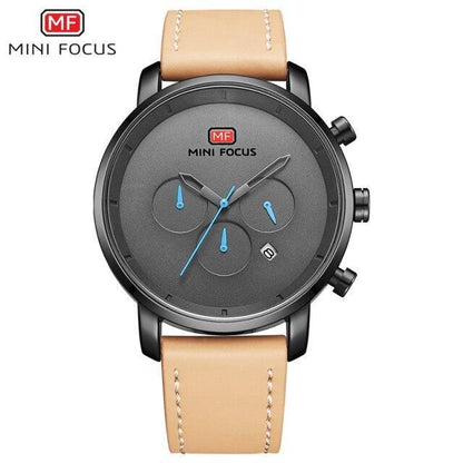 Mens sport multifunctional quartz watch with MINI FOCUS, grey dial, blue hands, tan leather strap on Tampa Home & Garden Store