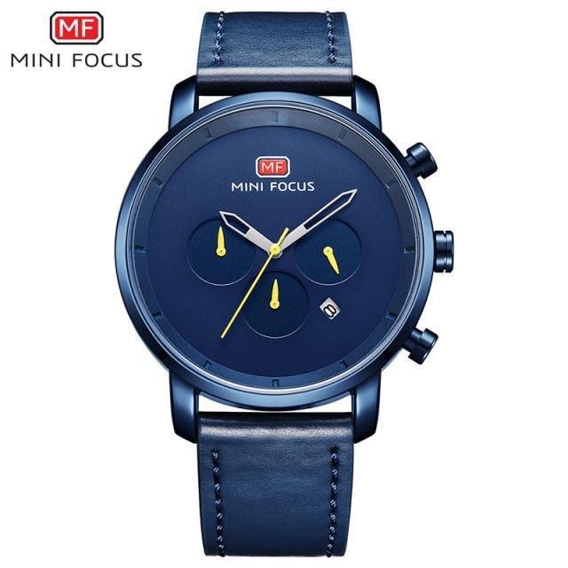 Men's multifunction quartz watch blue leather strap MINI FOCUS on Tampa Home & Garden Store