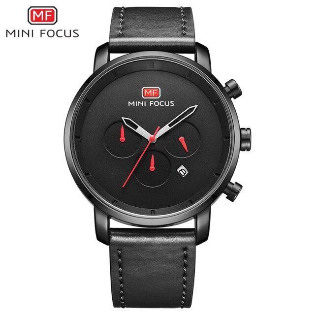 Mens black chronograph watch with subdials, red accents, leather strap, Mini Focus logo on Tampa Home & Garden Store
