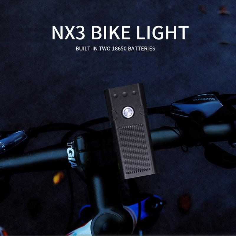 NX3 bike light on handlebar with built-in USB rechargeable battery, black front LED light on Tampa Home & Garden Store